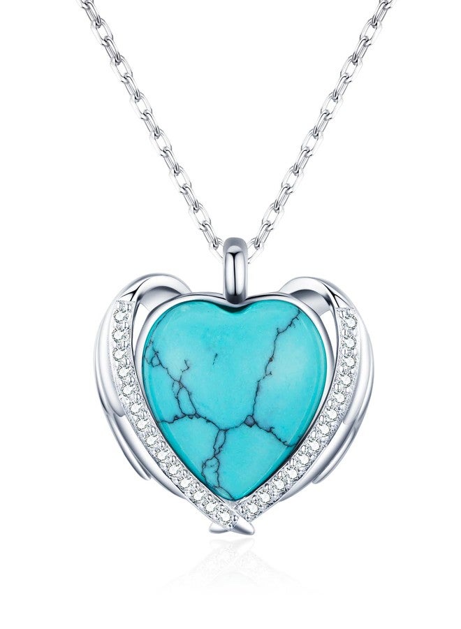 BDL Turquoise Necklace - Sterling Silver Angel Wing Heart Shape Natural Turquoise with 5A Cubic Zirconia Pendant Necklace for Women, Western Jewelry, Gifts for Women Wife Moms Grandma… - Image 1